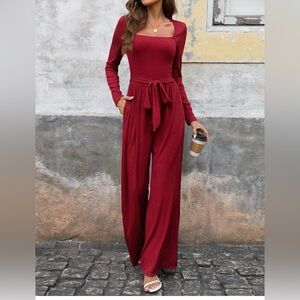 Long Sleeve Square Neck Wide-Leg Jumpsuit - Burgundy L NWT